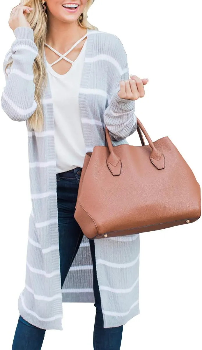 Lovaru Womens Boho Open Front Cardigan Colorblock Long Sleeve Loose Knit Lightweight Sweaters