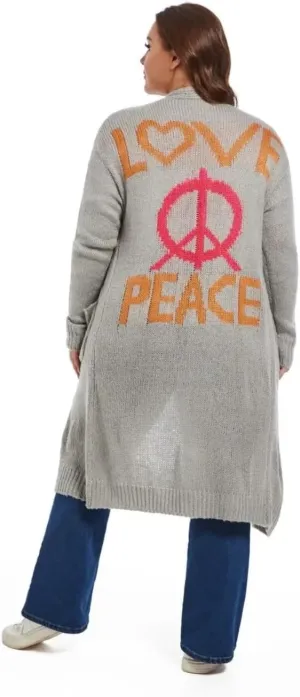 Love Peace Pattern Button Front Cardigan, Casual Long Lantern Sleeve Dual Pockets Drop Shoulder Longline Cardigan
