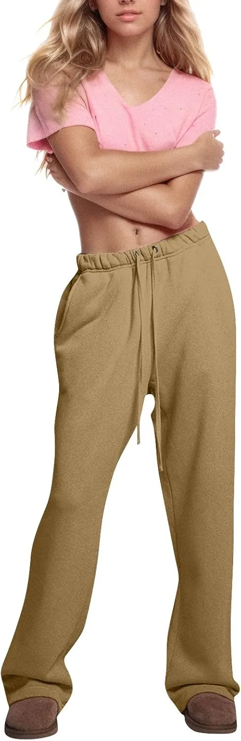 Low Rise Sweatpants for Women Baggy Drawstring Straight Leg Track Pants Fleece Lined Workout Pants with Pockets
