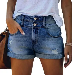 Magritta Denim Shorts for Women Mid Waisted Folded Hem Ripped Jean Shorts