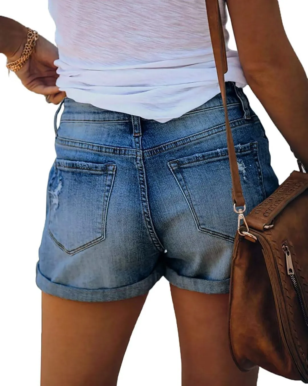 Magritta Denim Shorts for Women Mid Waisted Folded Hem Ripped Jean Shorts
