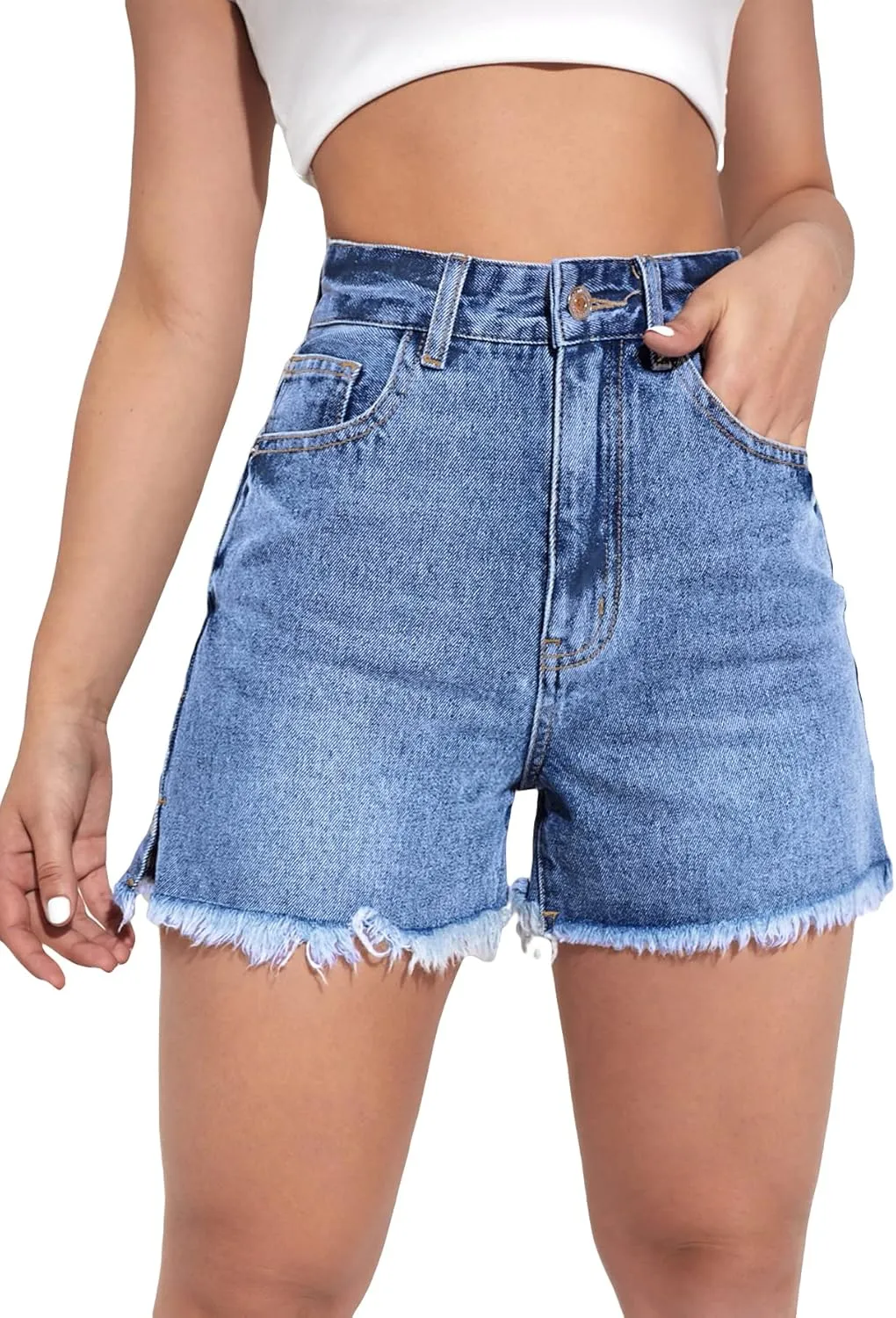 MakeMeChic Women's Jean Shorts High Waisted Frayed Hem Split Denim Shorts