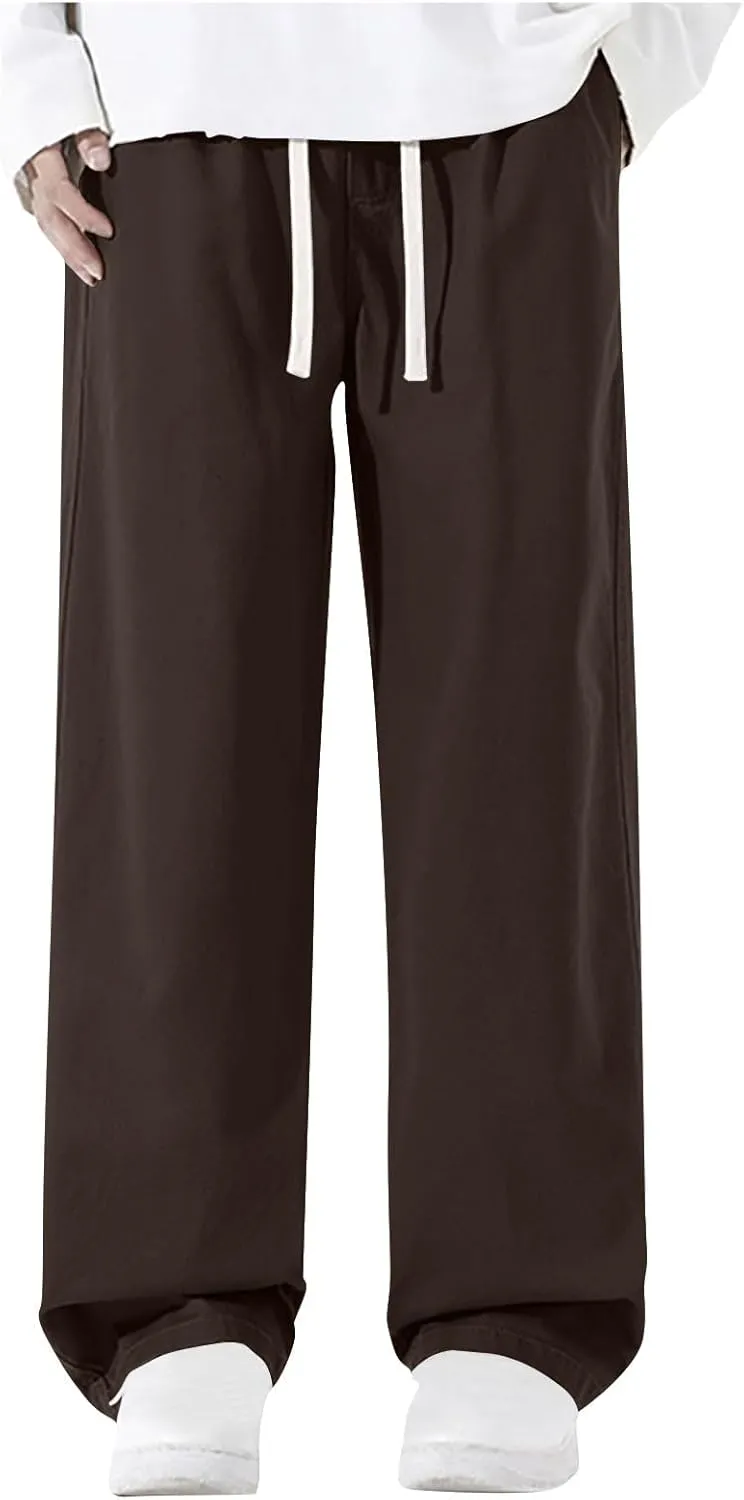 Men's Baggy Wide Leg Pants Elastic Waist Drawstring Straight Relaxed Trousers Lightweight Casual Hiking Outdoor Pants