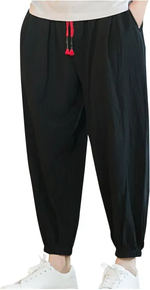 Mens Beach Pants Outdoor Loose Fit Casual Cotton Linen Yoga Pant Summer Elastic Waist Drawstring Trousers Pockets