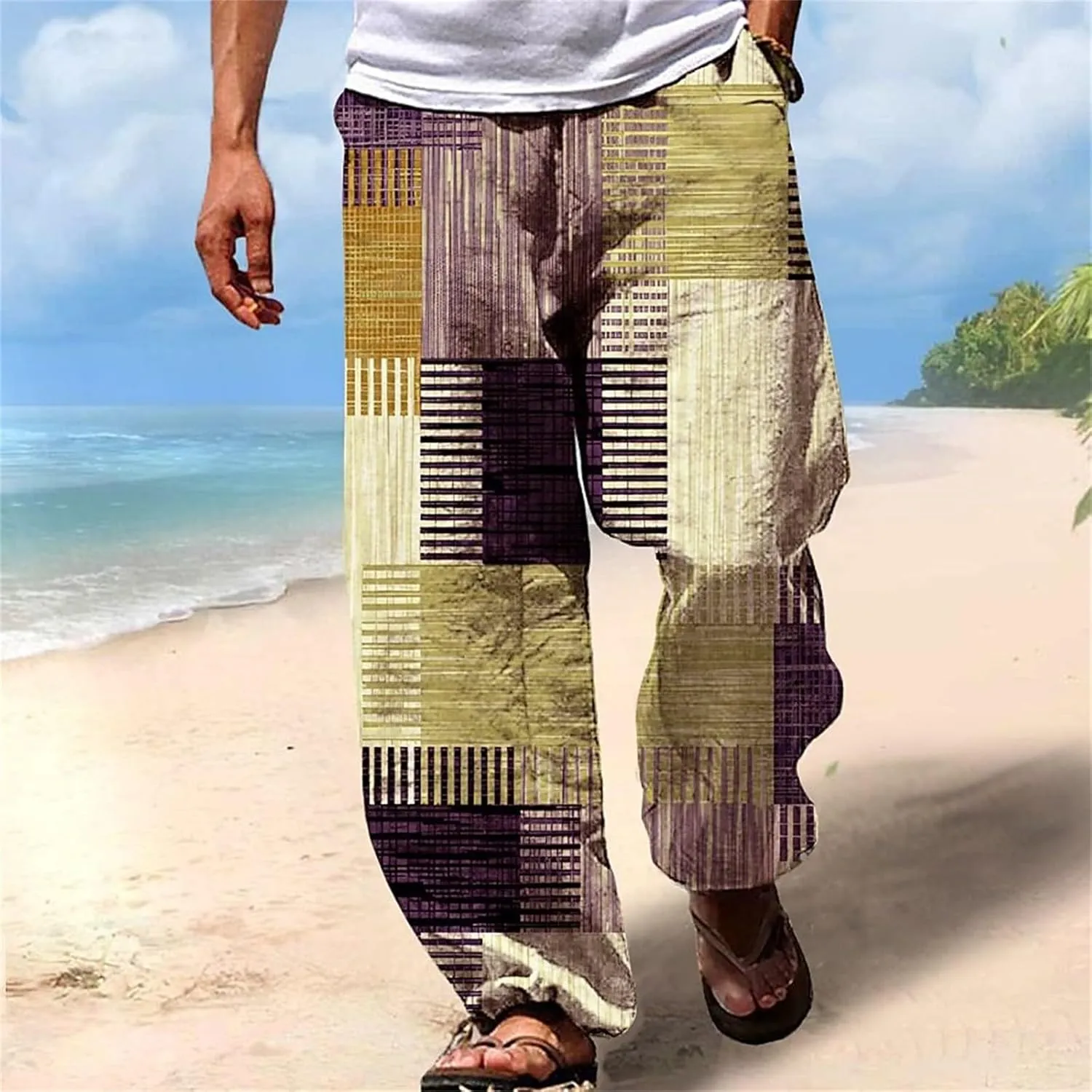 Men's Boho Cotton Linen Pants Casual Loose Fit Straight-Legs Stretchy Waist Beach Pants Athletic Sports Trousers