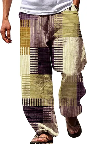 Men's Boho Cotton Linen Pants Casual Loose Fit Straight-Legs Stretchy Waist Beach Pants Athletic Sports Trousers