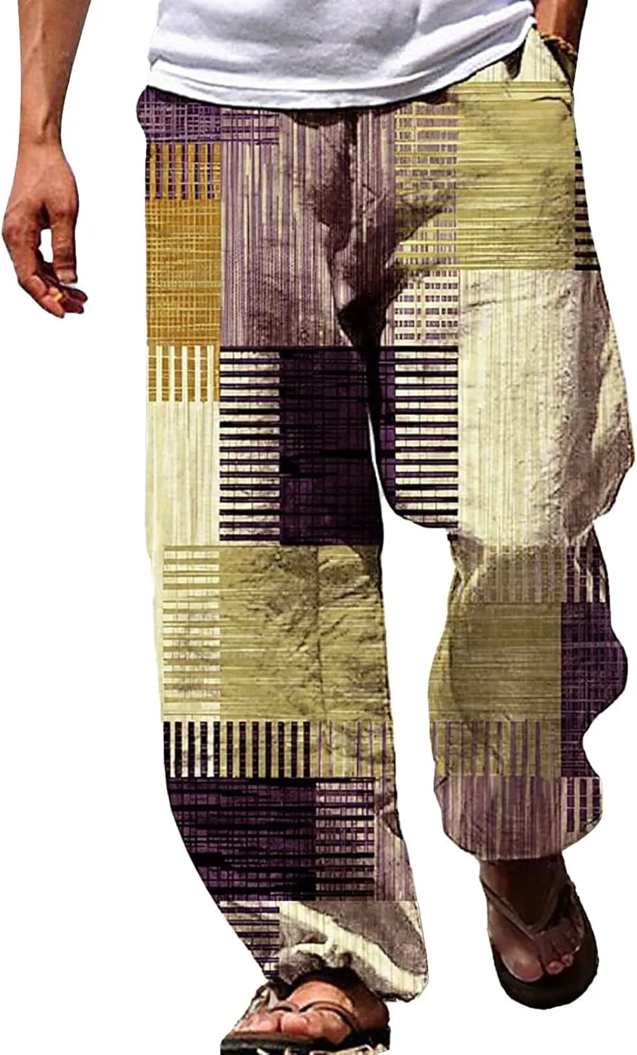Men's Boho Cotton Linen Pants Casual Loose Fit Straight-Legs Stretchy Waist Beach Pants Athletic Sports Trousers