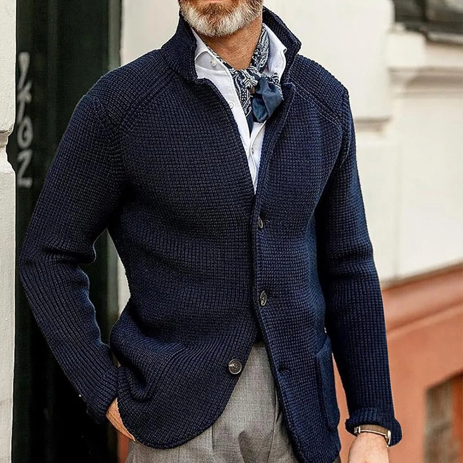 Mens Cardigan with Buttons Knitted Lapel Oversized Cardigan Sweater Lightweight Warm Lounge Winter Cardigan