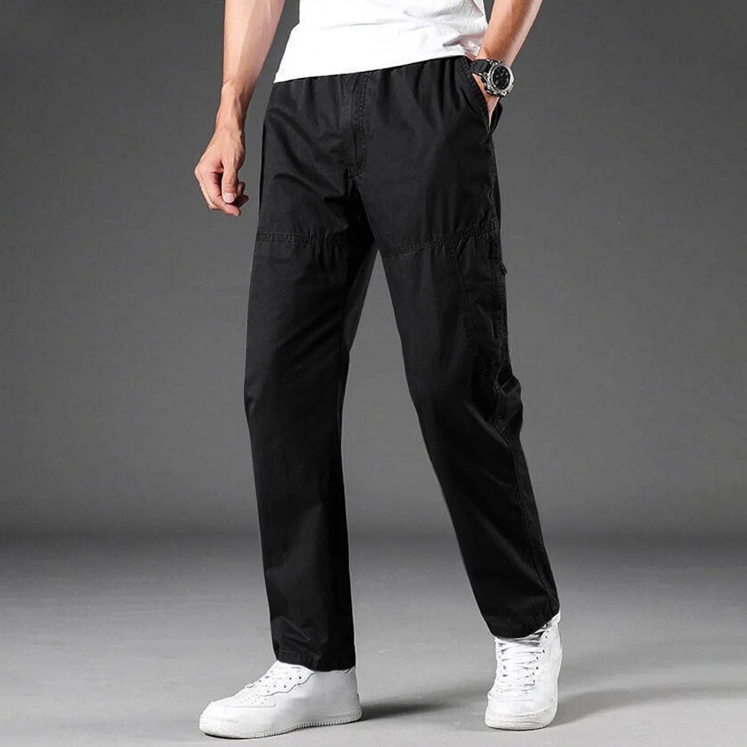 Men's Cargo Pants Plus Size Fashion Solid Color Soft Comfy Full Length Pant Loose Casual Elastic Waist Sweatpant