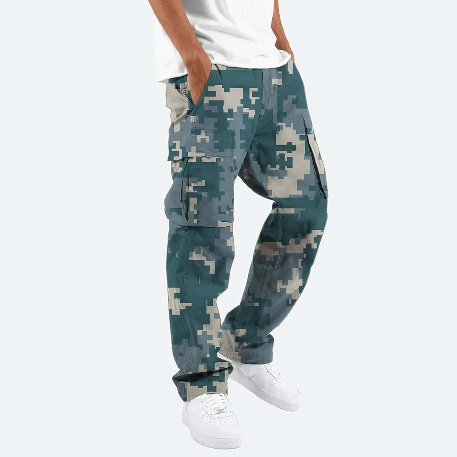 Mens Cargo Pants Print Cargo Pants Drawstring Stretch Elastic Waist Tapered Trousers Cotton Drawstring Chino Cargo Trousers