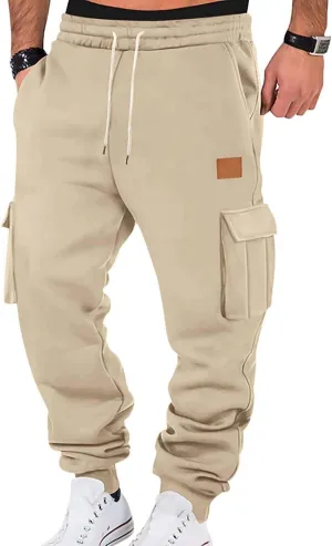 Mens Cargo Sweatpants Athletic Elastic Waist Pants with Pockets Baggy Drawstring Jogger Pant Workout Trousers