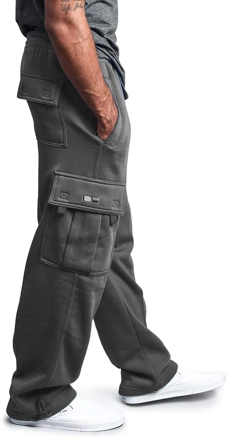 Men's Cargo Sweatpants Casual Drawstring Elastic Waist Pants Open Bottom Athletic Pants Gym Sweatpants with Pockets