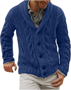 Men's Cashmere Sweaters, Mens Cable Knit Cardigan Sweater Shawl Collar Loose Fit Long Sleeve Casual Cardigans