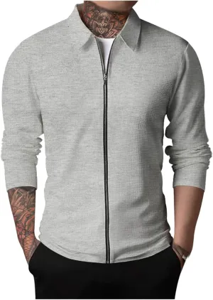 Mens Casual Cardigan Sweaters Laydown Collar Zipper Solid Color Long Sleeve Waffle Cardigan Sweater Jacket