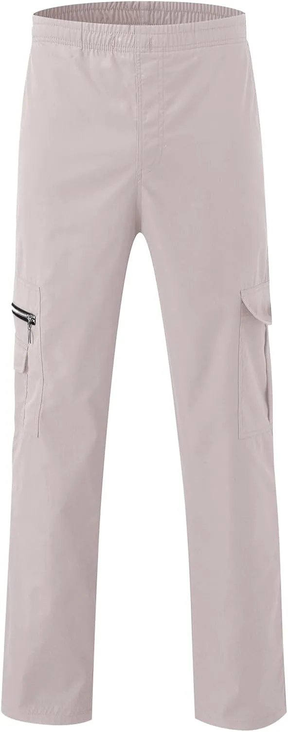 Mens Casual Cargo Pants Cotton Twill Chino Pants Stretch Elastic Waist Drawstring Workout Hiking Pants with Pockets