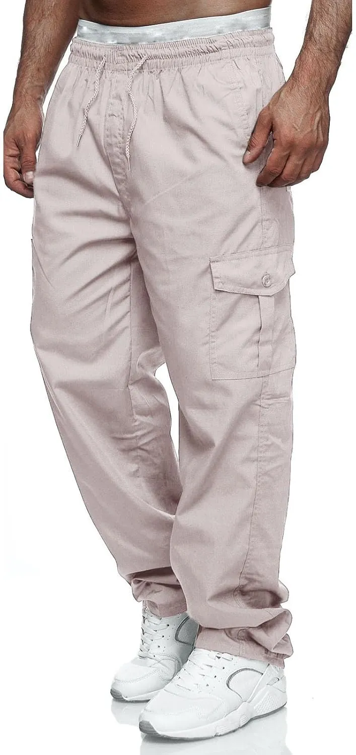 Mens Casual Cargo Pants Cotton Twill Chino Pants Stretch Elastic Waist Drawstring Workout Hiking Pants with Pockets