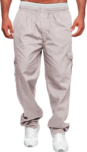 Mens Casual Cargo Pants Cotton Twill Chino Pants Stretch Elastic Waist Drawstring Workout Hiking Pants with Pockets