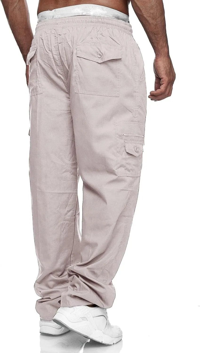 Mens Casual Cargo Pants Cotton Twill Chino Pants Stretch Elastic Waist Drawstring Workout Hiking Pants with Pockets