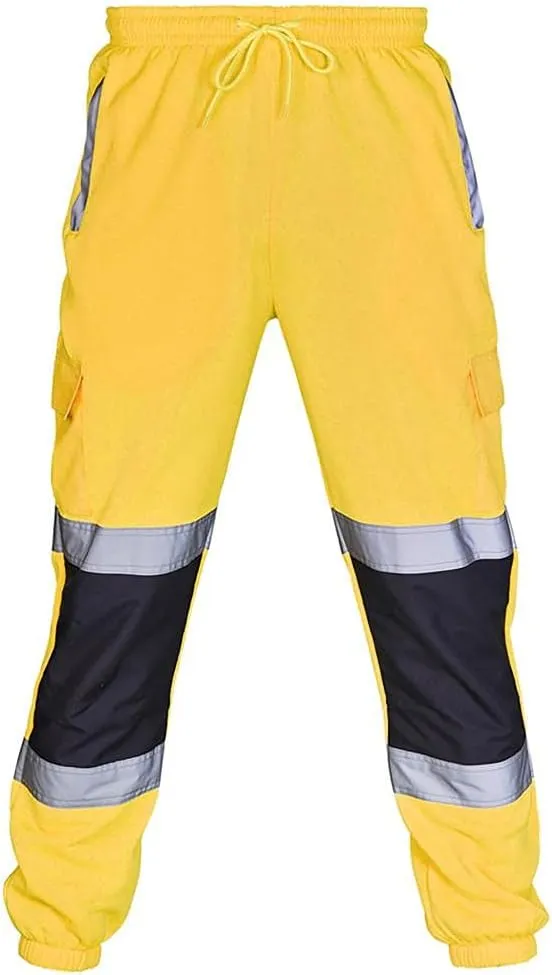 Mens Casual Cargo Pants Hi Vis Viz Reflective Overalls High Visibility Safe Work Pants Outdoor Hiking Trousers Big and Tall
