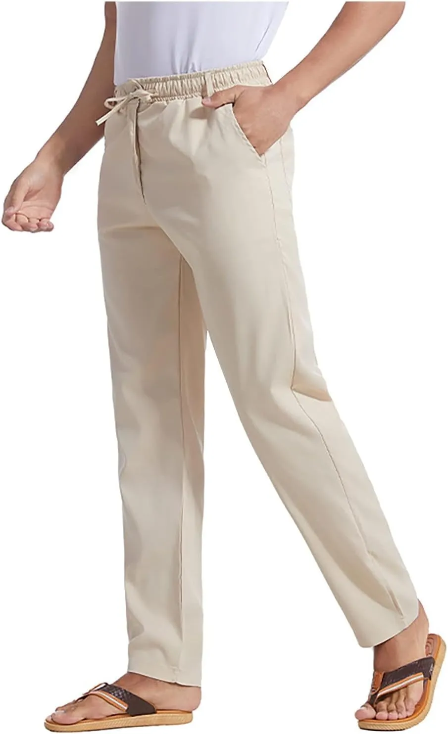 Mens Casual Lightweight Business Pants Loose Straight Elastic Waist Linen Sweatpants Fashion Work Trousers