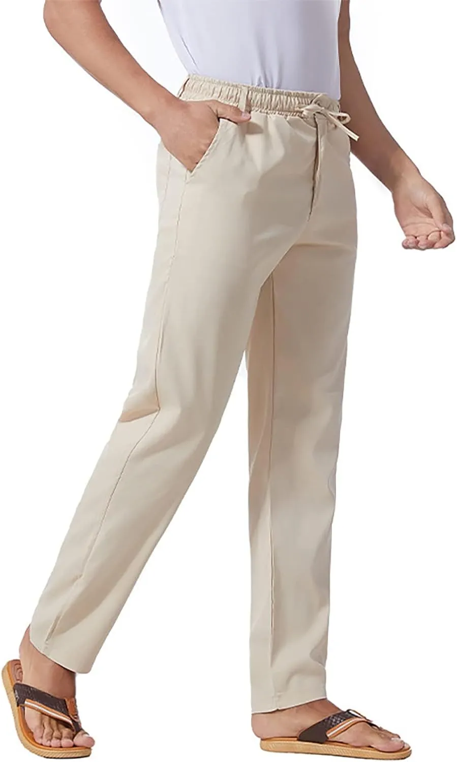 Mens Casual Lightweight Business Pants Loose Straight Elastic Waist Linen Sweatpants Fashion Work Trousers