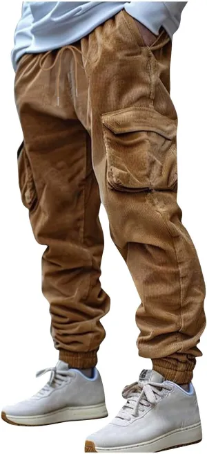 Mens Corduroy Cargo Sweatpants Casual Lightweight Elastic Waist Drawstring Tapered Pant with Pockets