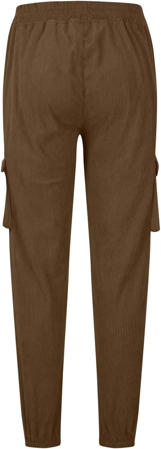 Mens Corduroy Cargo Sweatpants Casual Lightweight Elastic Waist Drawstring Tapered Pant with Pockets