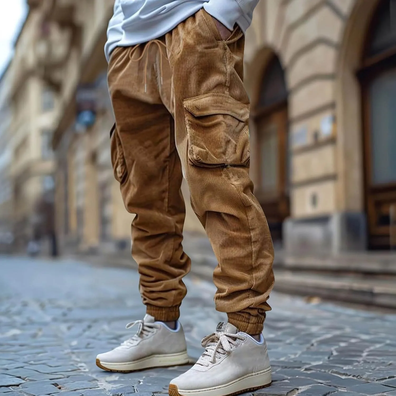 Mens Corduroy Cargo Sweatpants Casual Lightweight Elastic Waist Drawstring Tapered Pant with Pockets