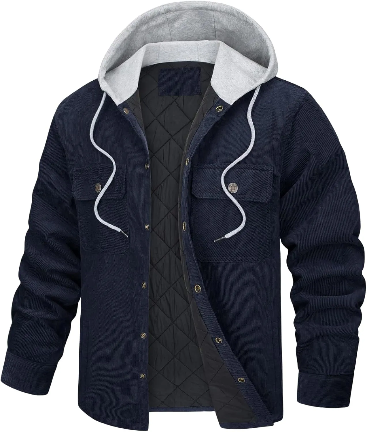 Mens Corduroy Jacket with Quilted Lining Fleece Padding Hooded Cotton Coat Casual Button Down with Pockets