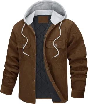 Mens Corduroy Jacket with Quilted Lining Fleece Padding Hooded Cotton Coat Casual Button Down with Pockets