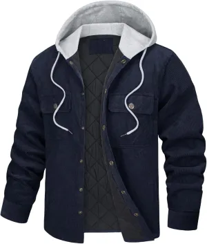 Mens Corduroy Jacket with Quilted Lining Fleece Padding Hooded Cotton Coat Casual Button Down with Pockets