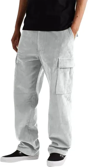 Men's Corduroy Pants Elastic Waist Drawstring Harem Pants Fashion Loose Casual Straight Long Trousers with Pockets