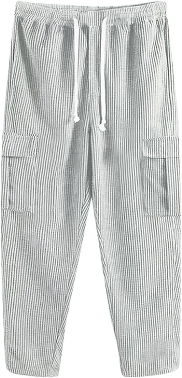 Men's Corduroy Pants Elastic Waist Drawstring Harem Pants Fashion Loose Casual Straight Long Trousers with Pockets