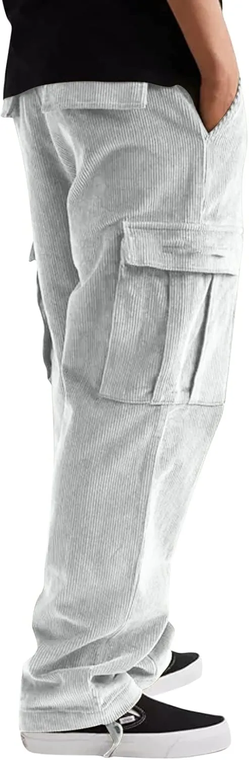 Men's Corduroy Pants Elastic Waist Drawstring Harem Pants Fashion Loose Casual Straight Long Trousers with Pockets