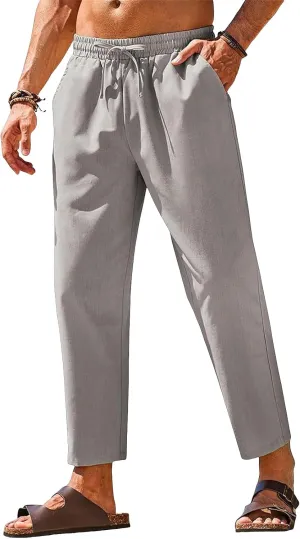 Men's Cotton Linen Beach Pants Casual Drawstring Elastic Waist Summer Fashion Lightweight Yoga Trousers with Pocket