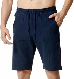 Men's Cotton Linen Casual Classic Fit Drawstring Elastic Waist Shorts Summer Lounge Yoga Beach Short with Pockets