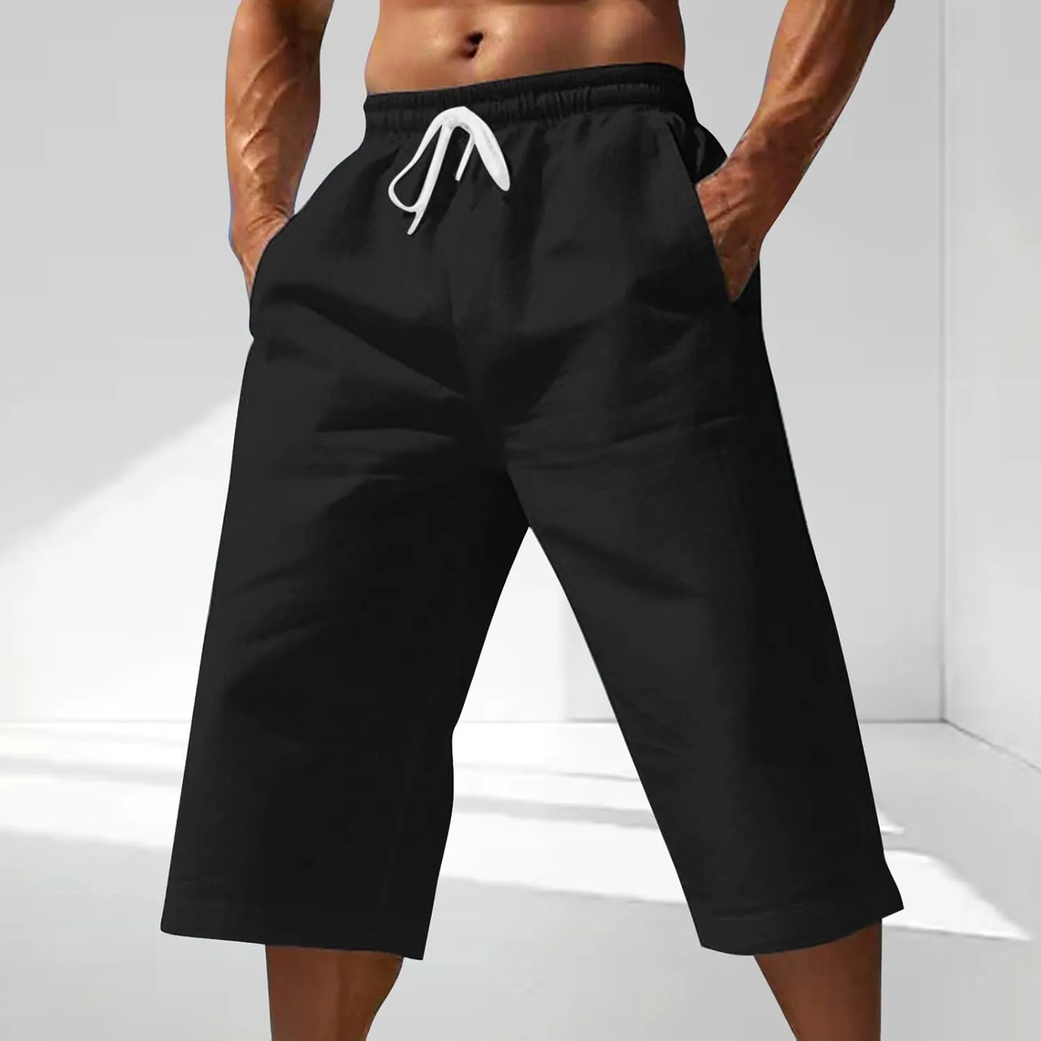 Mens Cotton Linen Cropped Pants Casual Drawstring Elastic Waist Summer Beach Pant Lightweight Vacation Crop Trouser