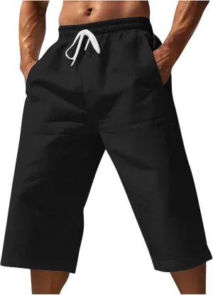 Mens Cotton Linen Cropped Pants Casual Drawstring Elastic Waist Summer Beach Pant Lightweight Vacation Crop Trouser