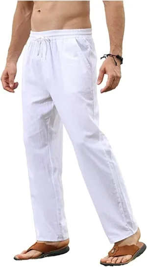 Mens Cotton Linen Pants Casual Elastic Waist Drawstring Trousers Slim Fit Yoga Beach Summer Pants