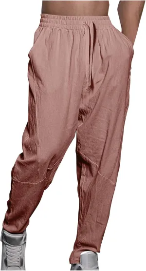 Mens Cotton Linen Pants Solid Fashion Elastic Waist Drawstring Tapered Pant Casual Vintage Hip Hop Harem Trouser