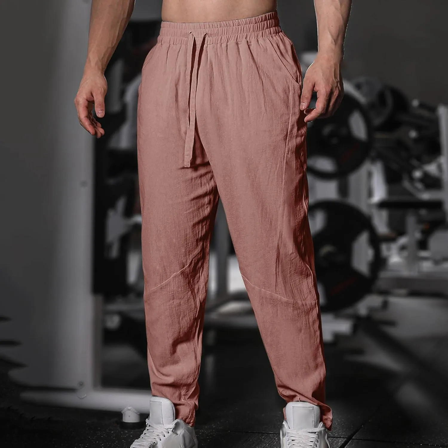 Mens Cotton Linen Pants Solid Fashion Elastic Waist Drawstring Tapered Pant Casual Vintage Hip Hop Harem Trouser