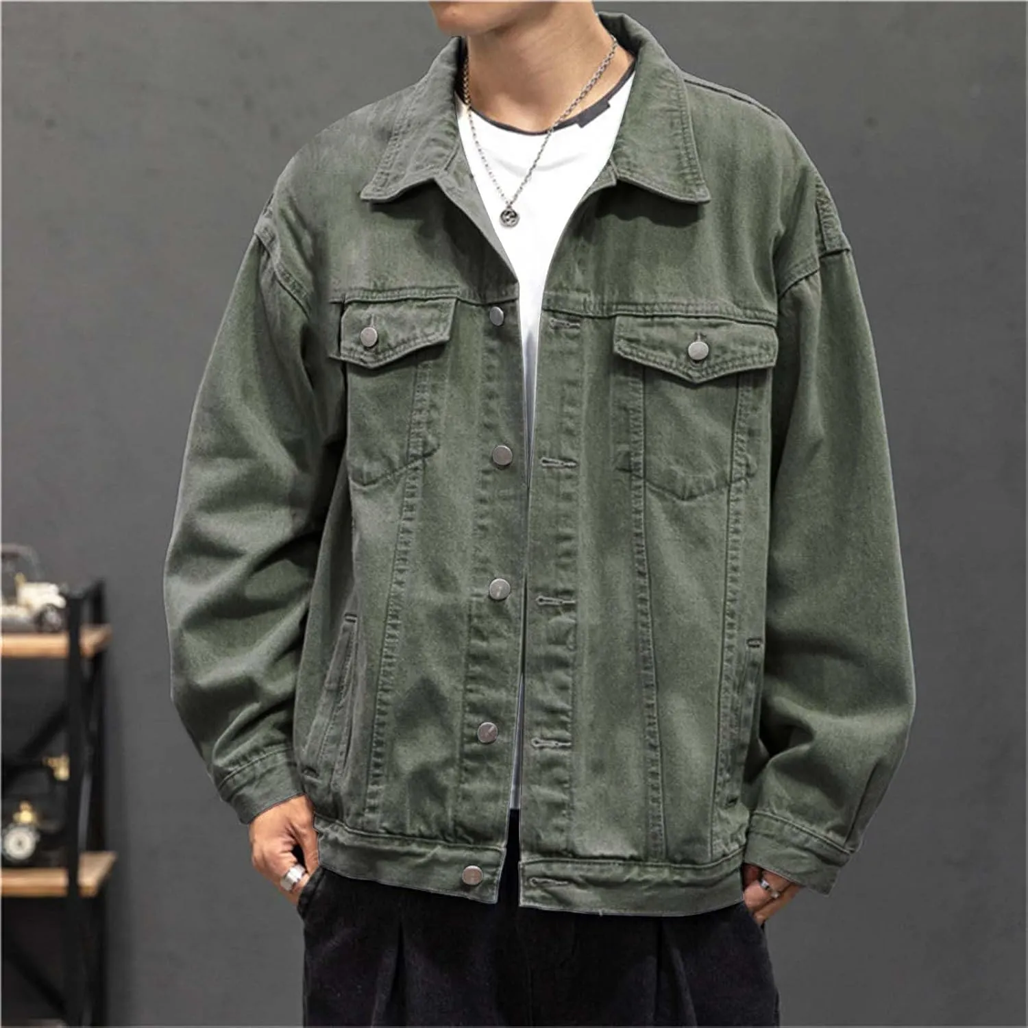 Mens Denim Jacket Ripped Slim Jean Jacket Coats Button Down Jacket Winter Fall Thermal Lapel Long Sleeve Coat