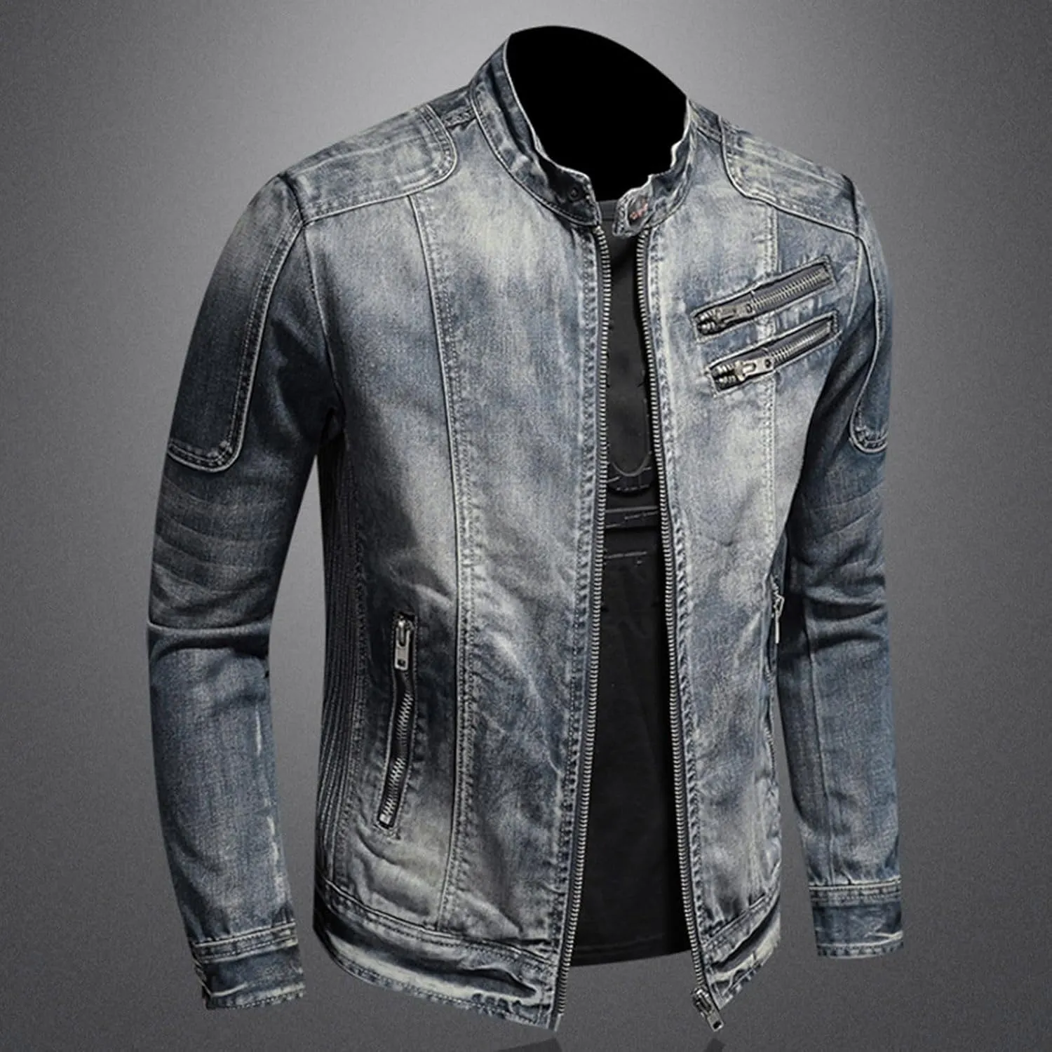 Men's Denim Jacket Washed Distressed Jean Jacket Zip Up Stand Collar Trucker Coat with Zipper Pockets
