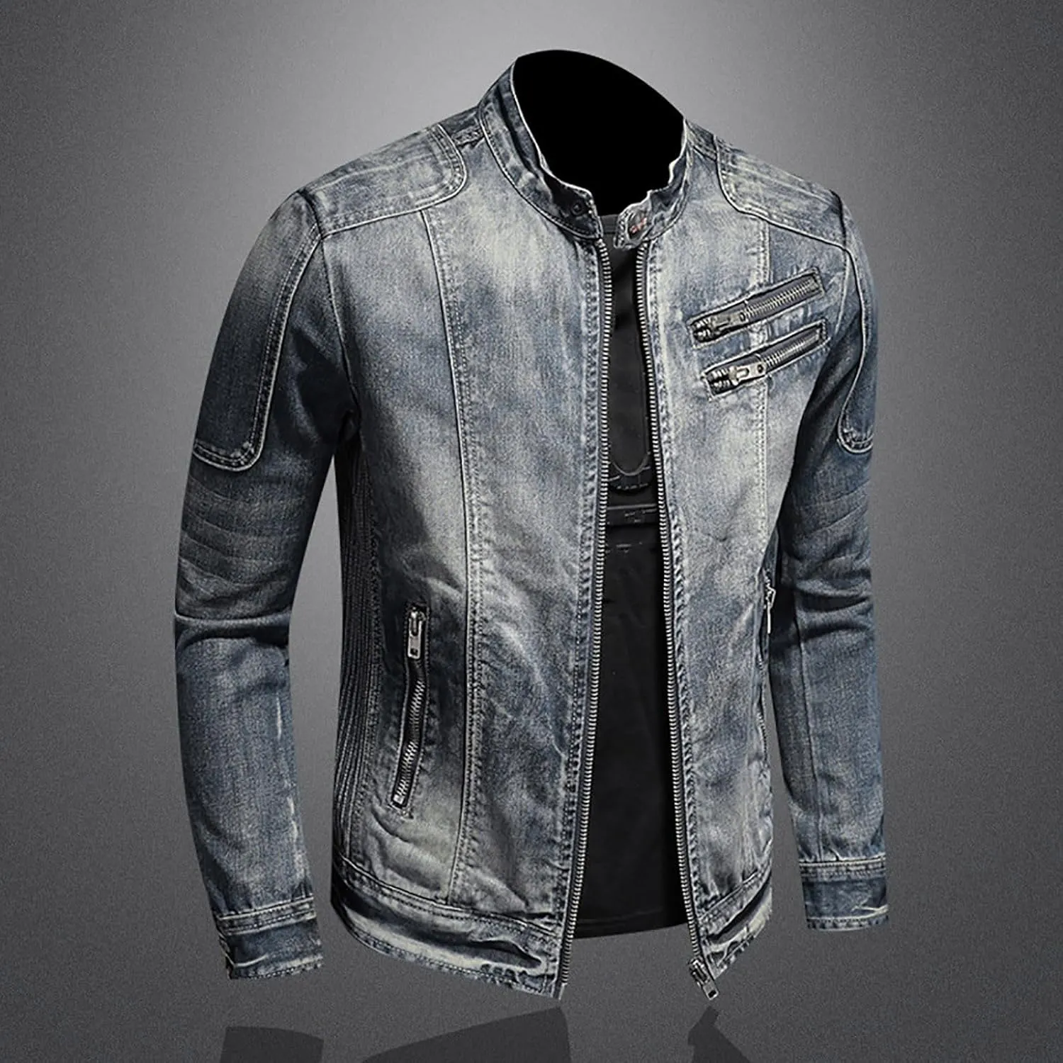 Men's Denim Jacket Washed Distressed Jean Jacket Zip Up Stand Collar Trucker Coat with Zipper Pockets