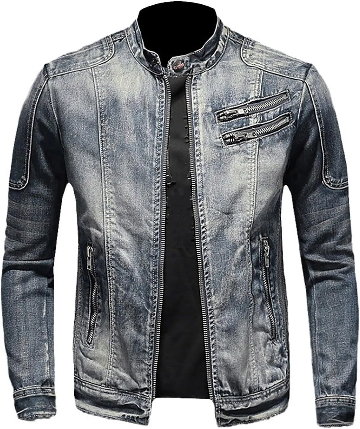 Men's Denim Jacket Washed Distressed Jean Jacket Zip Up Stand Collar Trucker Coat with Zipper Pockets
