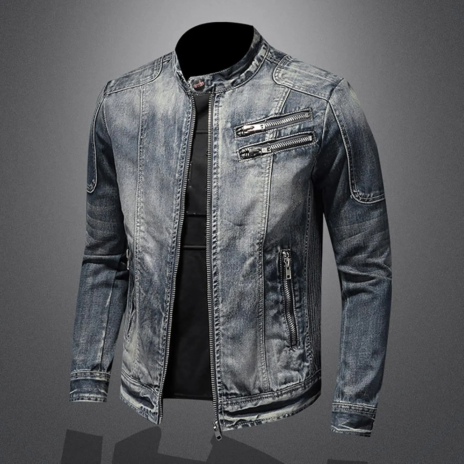 Men's Denim Jacket Washed Distressed Jean Jacket Zip Up Stand Collar Trucker Coat with Zipper Pockets
