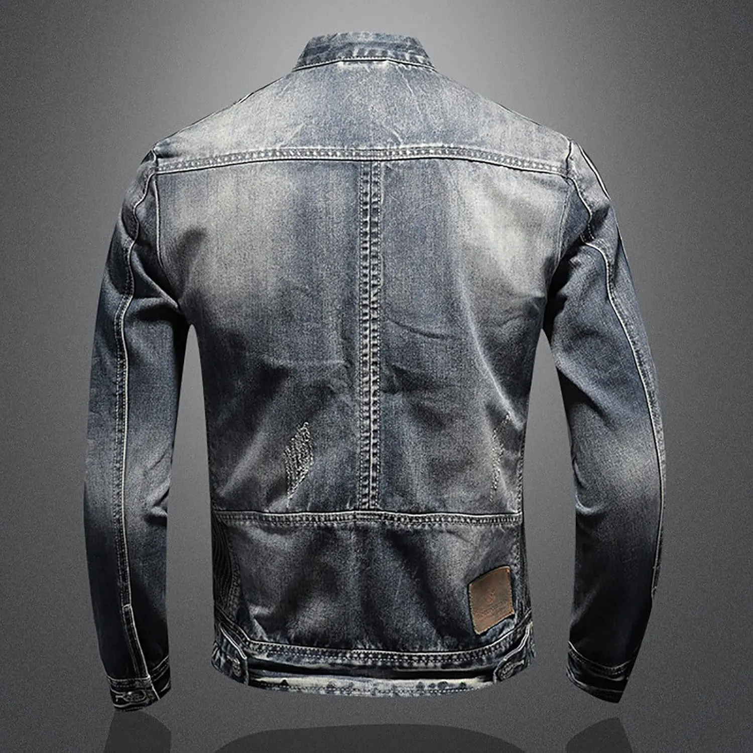 Men's Denim Jacket Washed Distressed Jean Jacket Zip Up Stand Collar Trucker Coat with Zipper Pockets