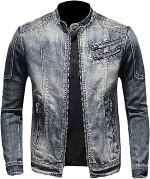 Men's Denim Jacket Washed Distressed Jean Jacket Zip Up Stand Collar Trucker Coat with Zipper Pockets