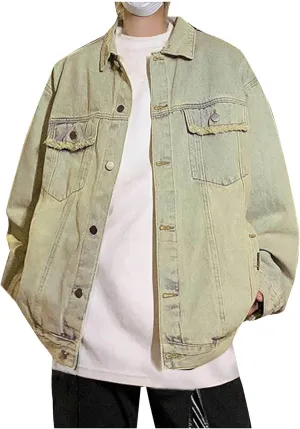 Men's Distressed Denim Jacket Vintage Washed Jean Jacket Long Sleeve Button Down Denim Trucker Coat with Pockets