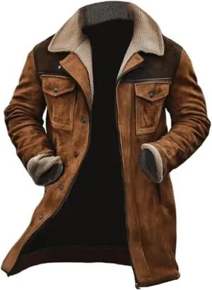 Mens Faux Leather Jacket Cozy Sherpa Fleece Lined Bomber Jackets Winter Coat Heavyweight Suede Faux Fur Trench Coat